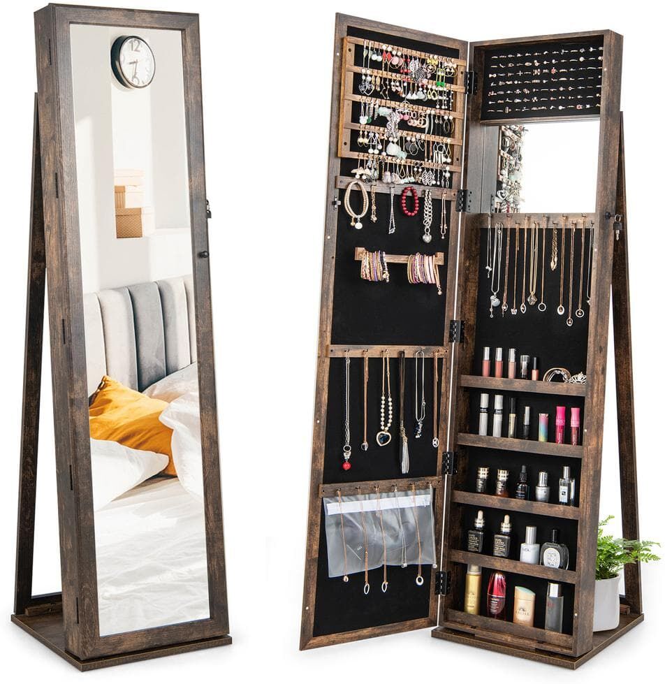 HONEY JOY Lockable Jewelry Cabinet Large Capacity Makeup Organizer with Mirror Built-in Makeup Mirror 5 Storage Shelves