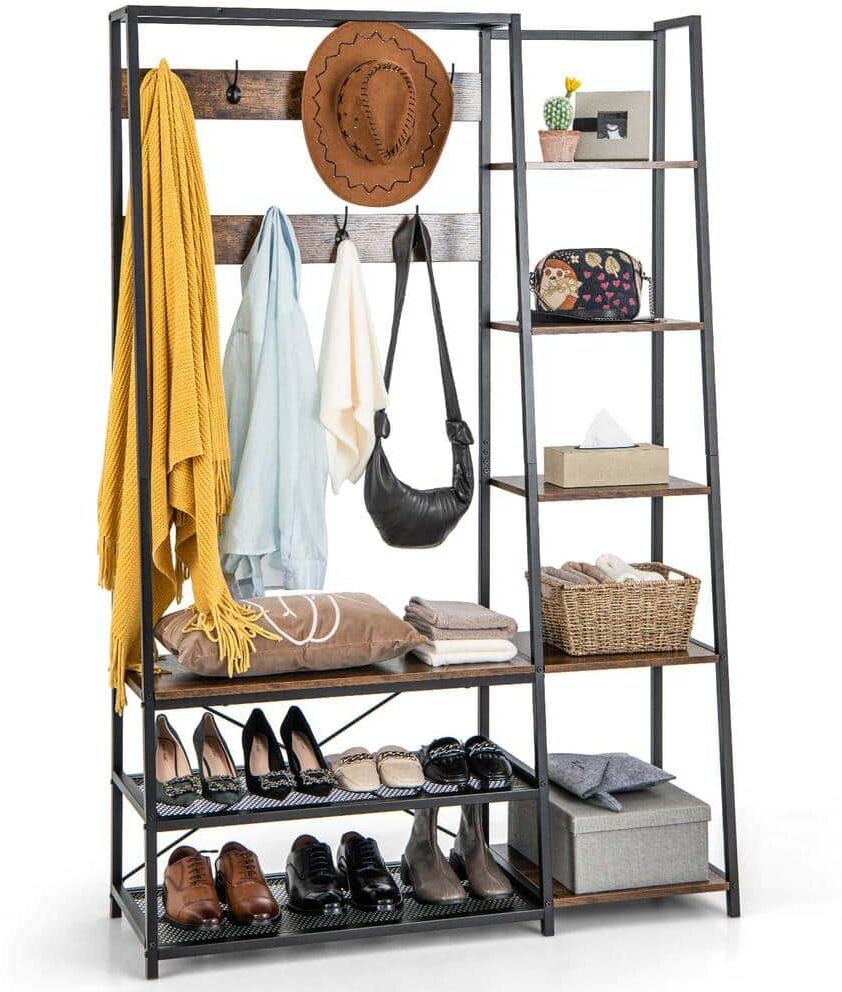 Costway Brown 5-In-1 Entryway Coat Rack with Storage Shoe Bench Freestanding Wooden Hall Tree