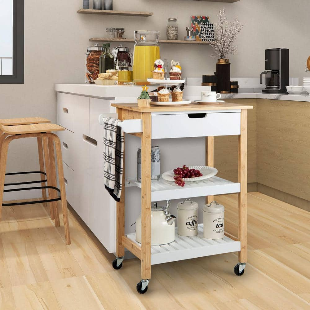 Bunpeony 3-Tier Natural Wood Kitchen Cart Rolling Service Trolley with Bamboo Top, Shelves and Drawer