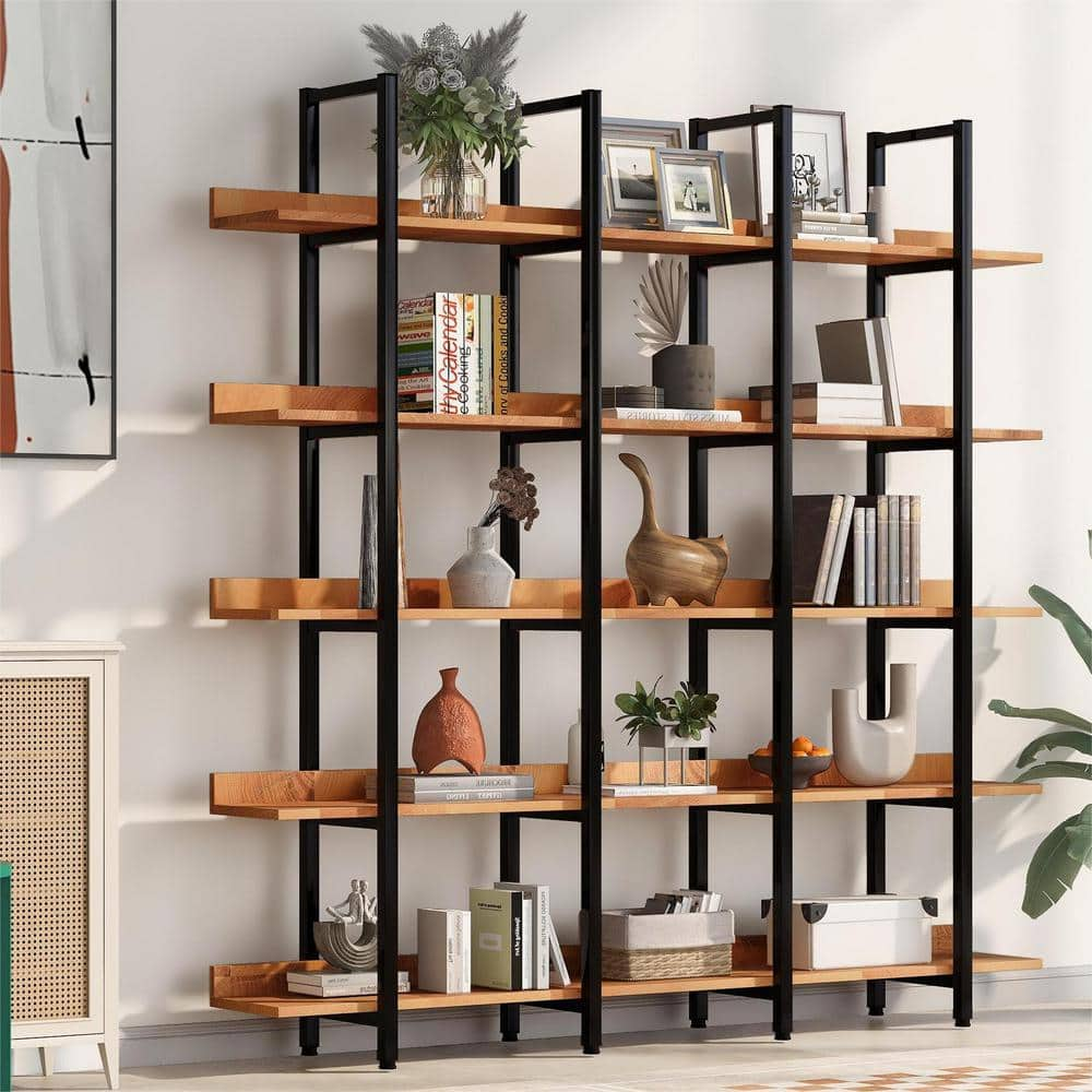 Mid Century 70.9 in. Wide Light Brown Black Frame 5-Tier Shelves Accent Bookcase Display Shelfs Bookshelf with Open Back