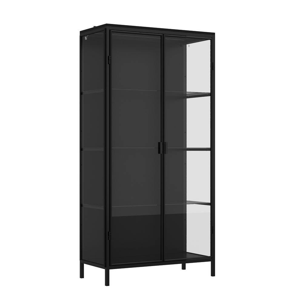 FUFU&GAGA 63 in. Tall Black Wood Standard Bookcase Bookshelf with Tempered Glass Doors, 3-Color LED Lights and Adjustable Shelves