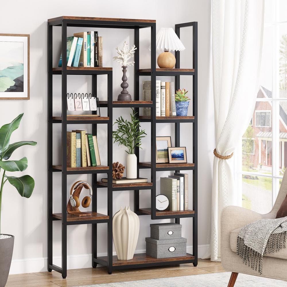 BYBLIGHT Eulas 70.9 in. Brown Wood 12-Shelf Modern Tall Etagere Bookcase 6-Tier Display Shelves Book Storage Organizer