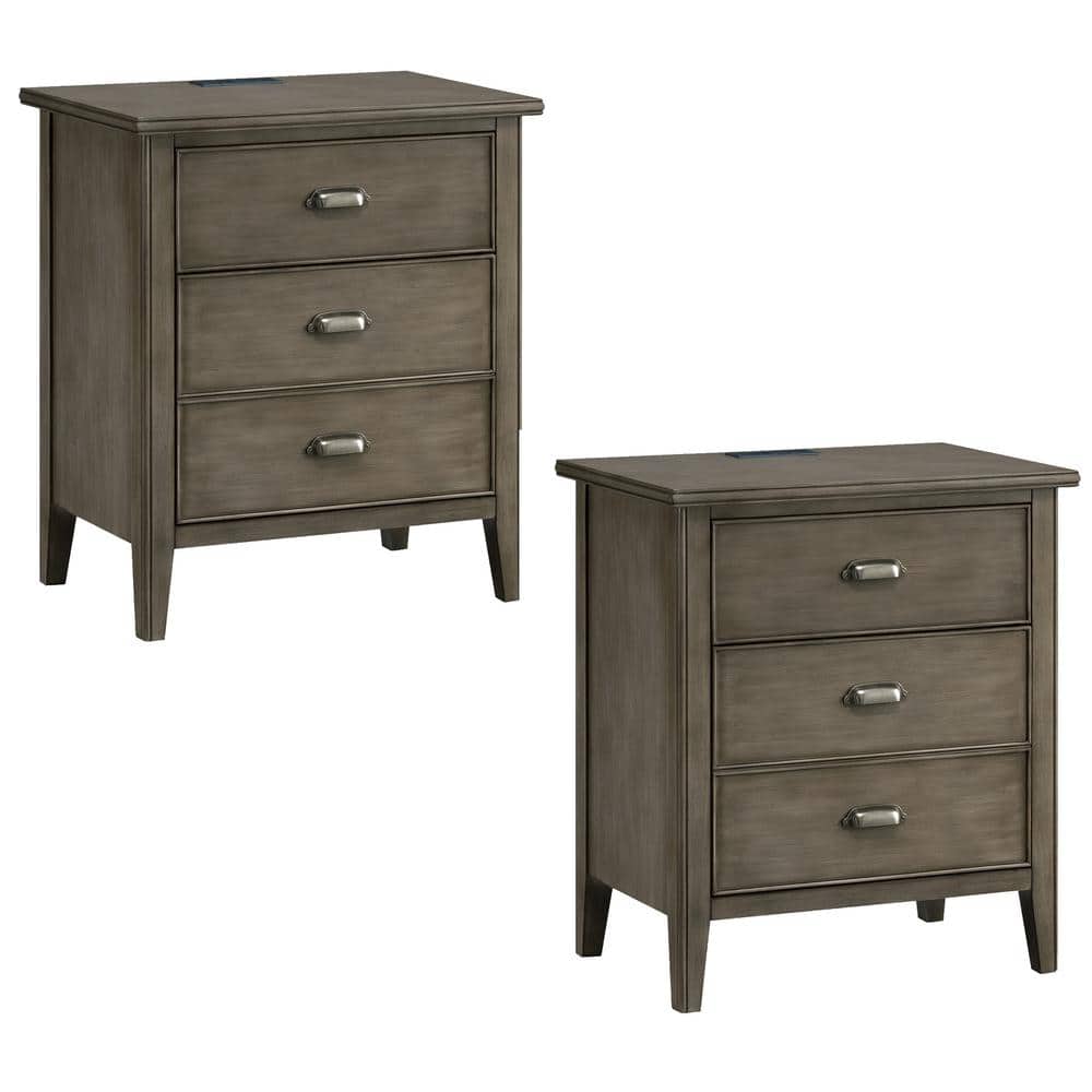Leick Home Laurent Nightstand with Top Drawer with USB-C Charging Station AC/USB Charger, Smoke Gray Wash, Set of 2