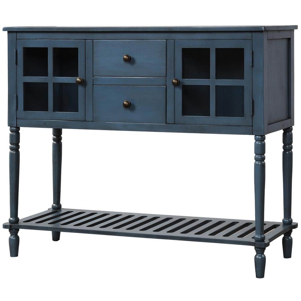 VERYKE 42 in. Antique Navy Rectangle Wood Sideboard Console Table Buffet Storage Cabinet with Bottom Shelf 2-Drawers and Doors