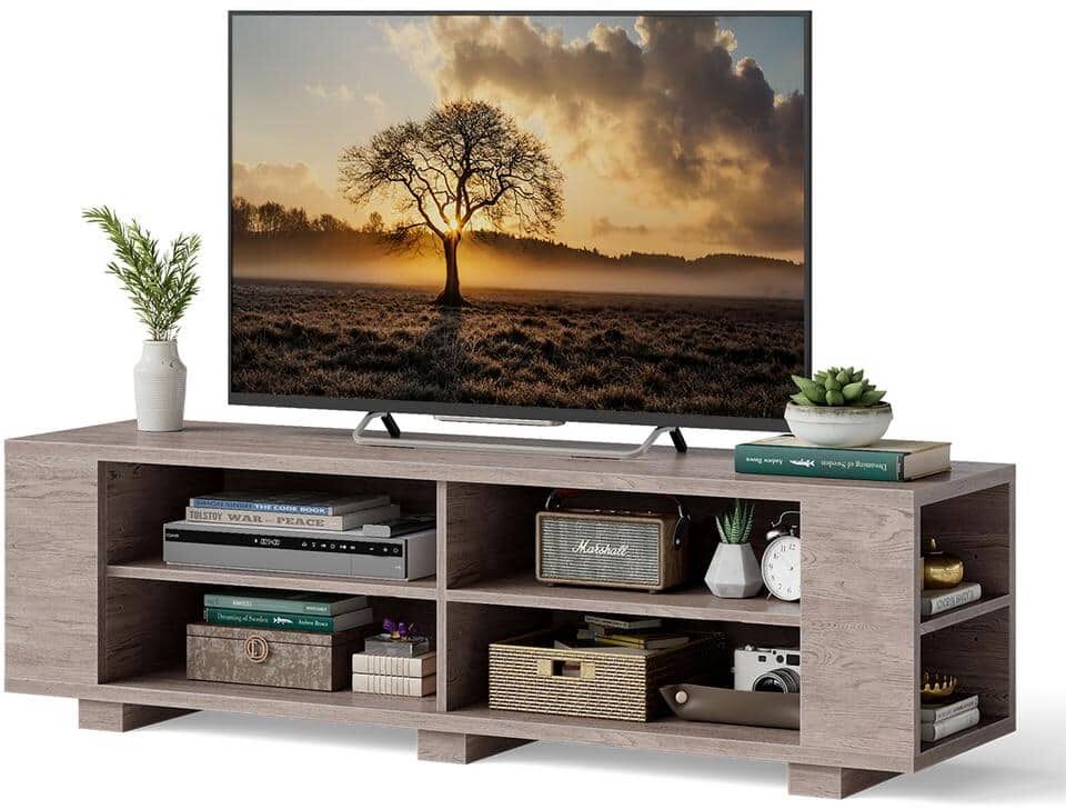 Costway 59 in. Grey Wood TV Stand Console Storage Entertainment Media Center Fits TV's up to 65 in. with Shelf