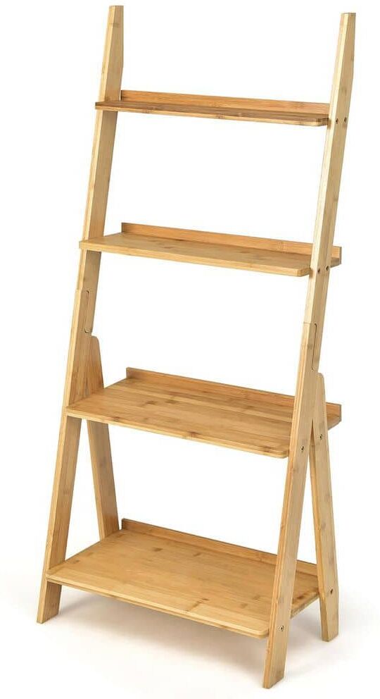 Costway 21 in. W 4-Tier Bamboo Ladder Shelf Bookcase Storage Organizer Plant Flower Stand Natural