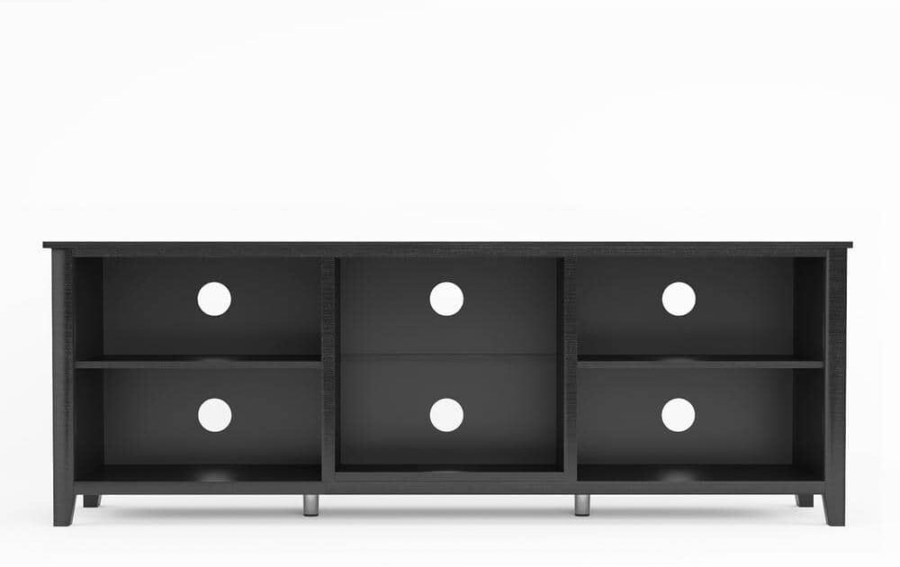 Farmhouse 70 in. Wood Black TV Stand with 4-Open Storage Shelves Fits TV's up to 60 in. with Cable Management