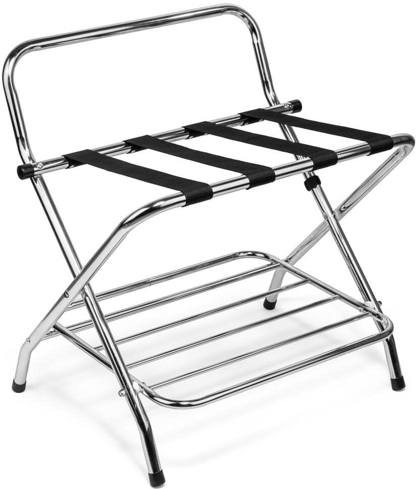 USTECH 2-Tier High Back Chrome Luggage Rack Extra Storage Stand No Assembly Required Foldable for Easy Storage Metal