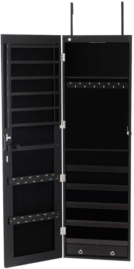 Gymax Wall and Door Black Mounted Mirrored Jewelry Cabinet Storage Organizer with Lights and Drawer