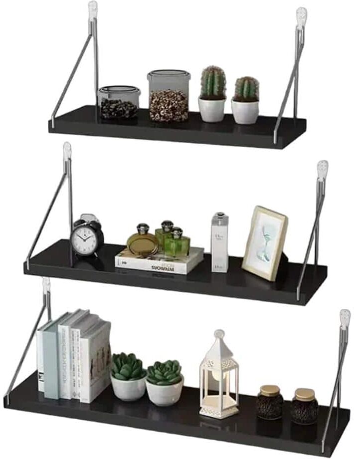 Afoxsos Black 19.69 in. x 1.21 in. Floating Wooden Storage Shelves, 3 Sizes Decorative Wall Shelves for Books, Flower Pots, etc.