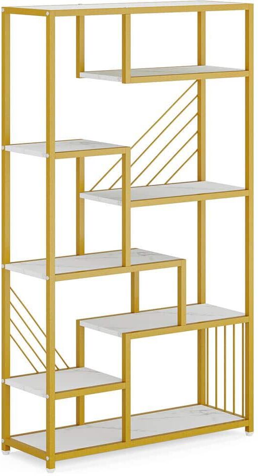 BYBLIGHT Eulas 70.9 in. Tall White and Gold Wood 8-Shelf Staggered Bookcase, 6-Tier Display Shelves Book Storage Organizer