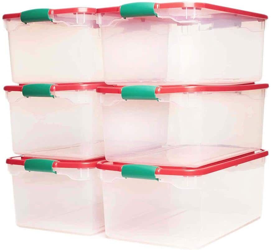 HOMZ 64-Qt. Holiday Seasonal Decor Plastic Storage Tote Bin with Latching Lid (6-Pack)