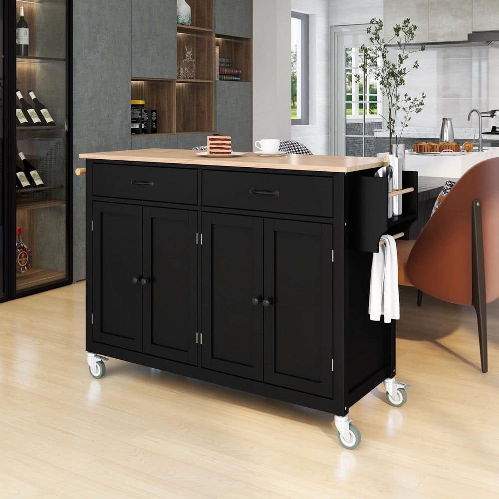 Runesay Black Kitchen Island Cart with Solid Wood Top and Locking Wheels with 4 Door Cabinet and Two Drawers Spice Towel Rack