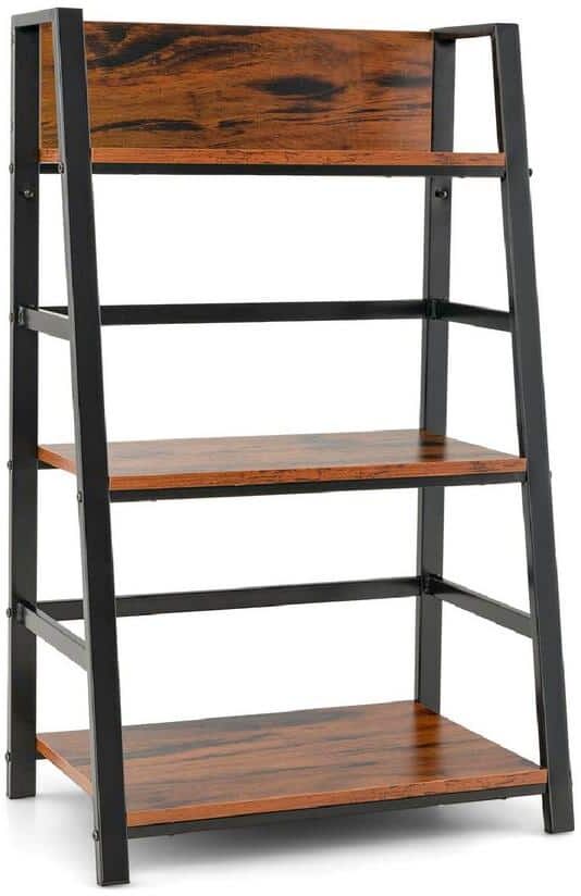 Costway 13.5 in. Wide Rustic Brown 3-Tier Ladder Bookshelf Industrial Storage Rack Bookcase Plant Display Shelf