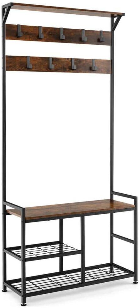 Costway Rustic Brown 3 in. 1-Coat Rack Industrial Hall Tree Shoe Bench Entryway Storage Shelf with Hooks