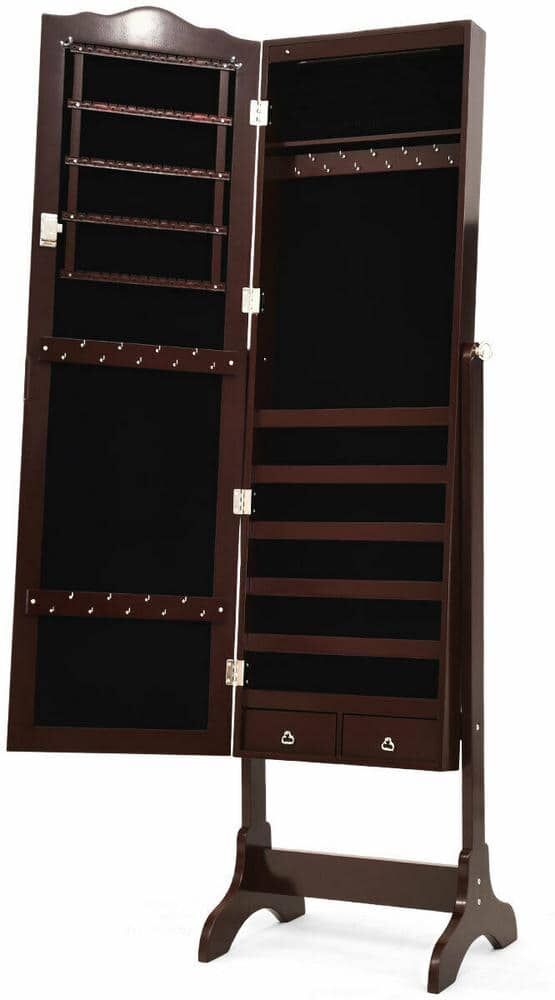 Gymax 63 in. H x 14.5 in. D x 16.5 in. W Mirrored Jewelry Cabinet Armoire Storage Organizer with Drawer and LED Lights Brown