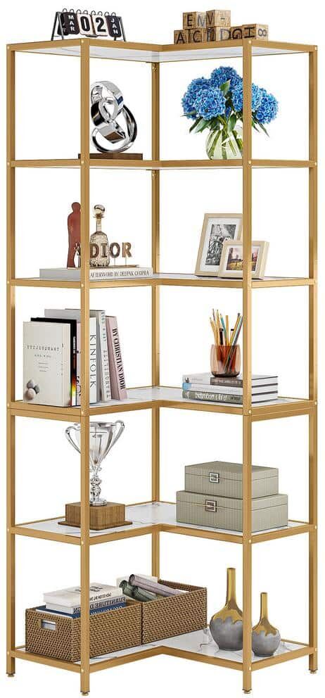 BYBLIGHT Eulas 70.9 in. H White Gold 6-Shelf L-Shaped Bookcase with Metal Frame, Corner Bookcase Large Etagere Book Shelving Unit