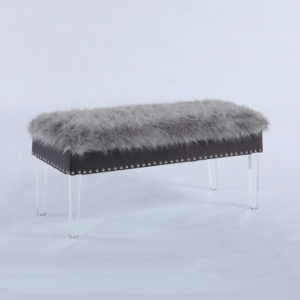 ORE International 20 in. Gray Faux Fur Top Nail Head Storage Bench with Acrylic Legs