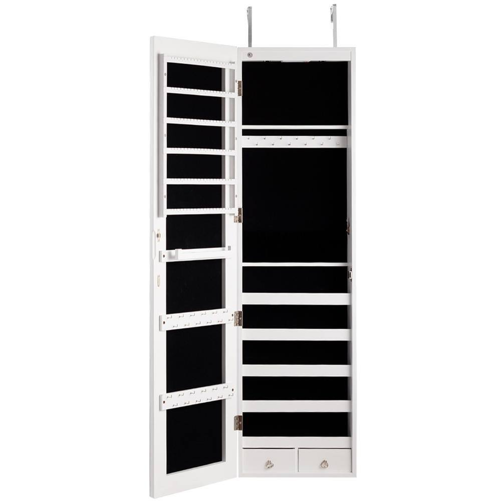 Gymax Wall and Door Mounted White Mirrored Jewelry Cabinet Storage Organizer with Lights and Drawer
