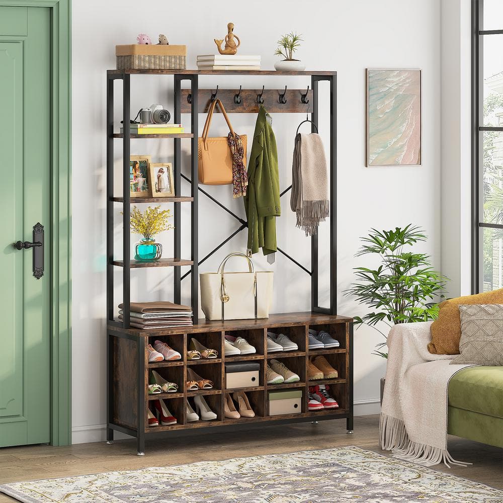 BYBLIGHT Carmalita Rustic Brown Garment Rack Hall Tree with Bench and 15 Pairs Shoes Storage Shelves