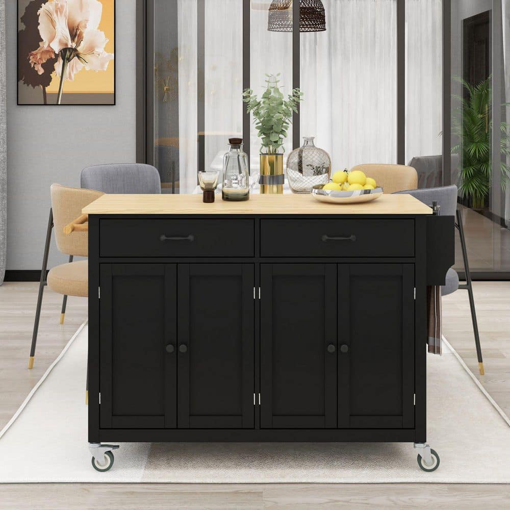 Aoibox 54.3 in. W Black Kitchen Island Cart with Solid Wood Top, Locking Wheels, 4-Door Cabinet, 2-Drawers, Spice, Towel Rack