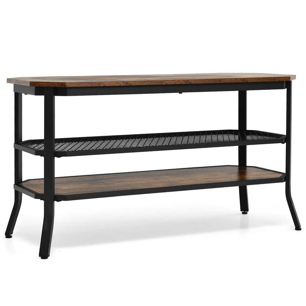 Costway 39.5 in. Brown 3-Tier TV Stand Console Entertainment Center Fits TV's up to 46 in. with Mesh Storage Shelf