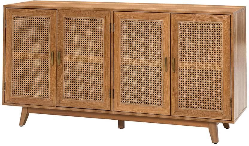 JAYDEN CREATION Buthrotos 58 in. W Walnut TV Stand for TVs up to 65 in. with Storage Room and 4 Rattan Doors