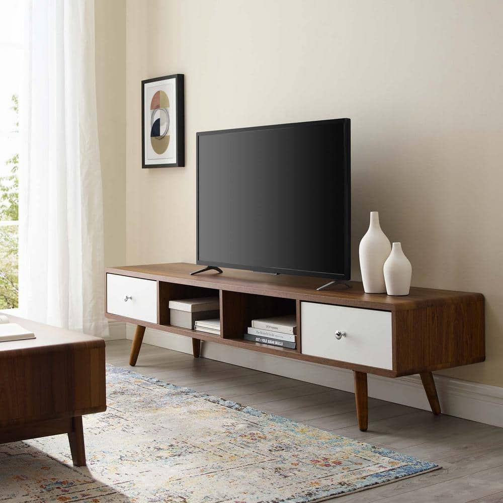 MODWAY Transmit 70 in. Walnut and White Wood TV Stand with 2 Drawer Fits TVs Up to 70 in. with Cable Management