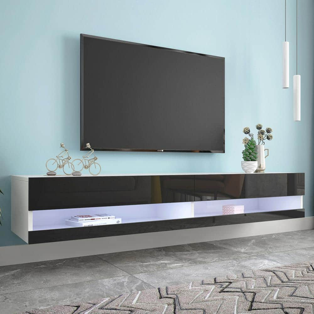 70.66 in. x 16.33 in. Black Wall Mounted Floating 80 in. TV Stand with 20-Color LEDs