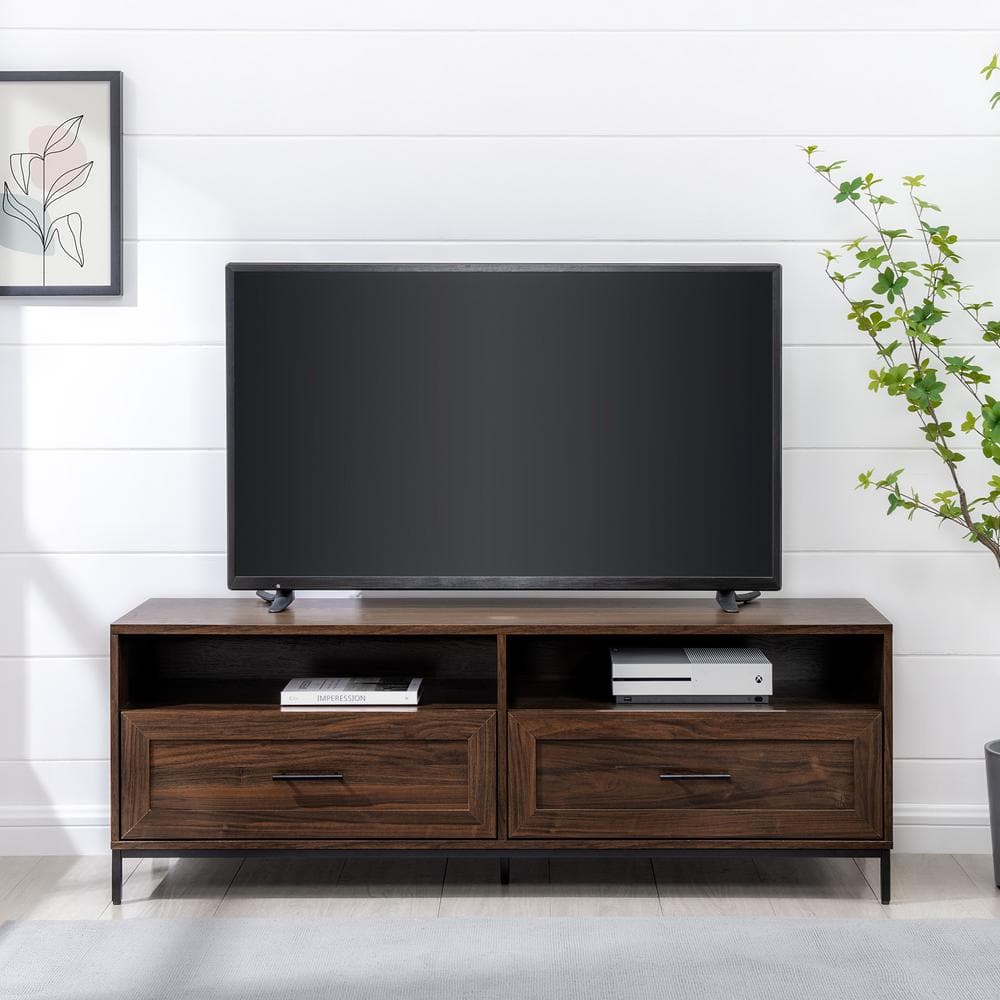 Welwick Designs 56 in. Dark Walnut Wood Modern TV Stand with 2 Drawers with Cable Management (Max tv size 60 in.)