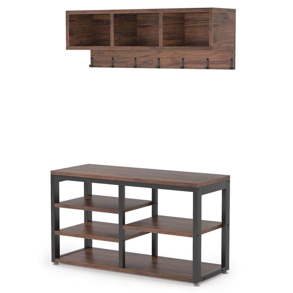 Tribesigns Howard Brown Wood 32 in. Shoe Rack with Coat Hooks, Hall Tree with Shoe Bench and Shelves