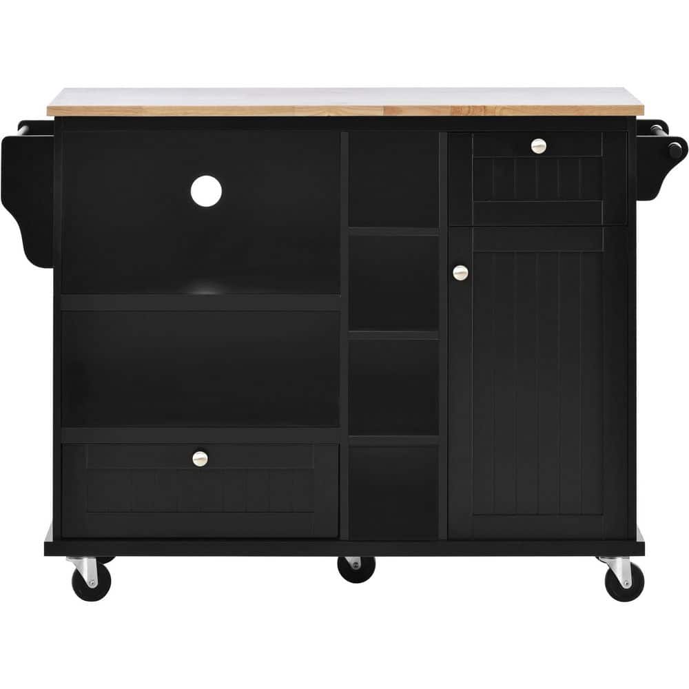 Tileon Black Kitchen Island Cart With Microwave Storage Cabinet, Solid wood top, 2-Locking Wheels, Buffet Server Sideboard