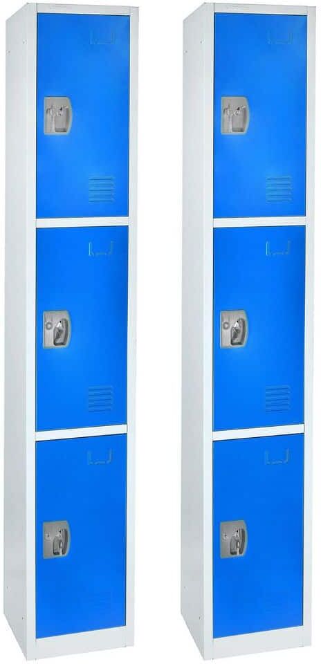 AdirOffice 629-Series 72 in. H 3-Tier Steel Key Lock Storage Locker Free Standing Cabinets for Home, School, Gym in Blue (2-Pack)