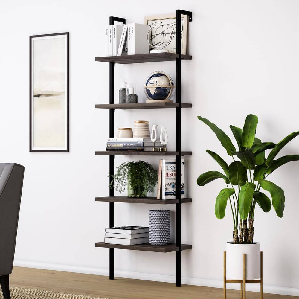 Nathan James Theo Dark Walnut Brown 5-Shelf Ladder Bookcase or Bookshelf with Black Metal Frame