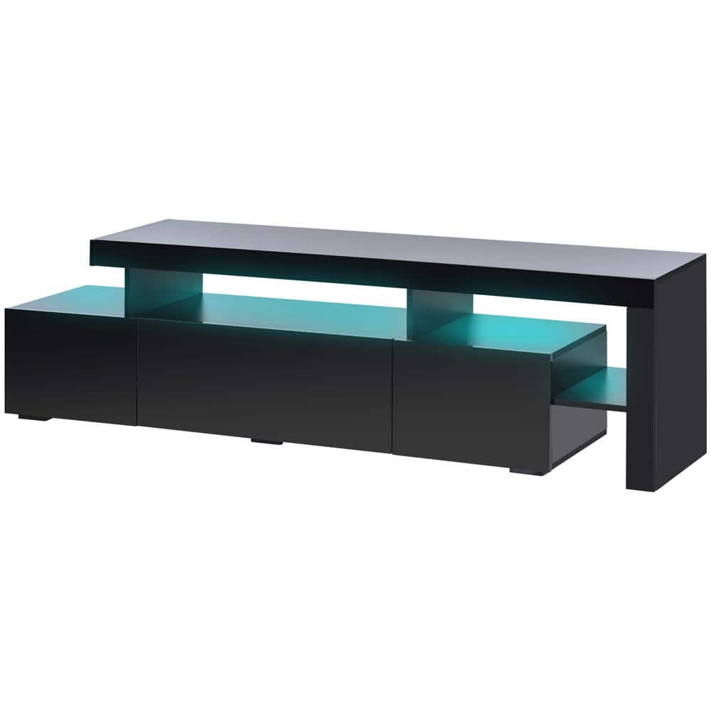 Clihome Modern Style Black High Gloss TV Stand Cabinet Fits TV's up to 70 in. with DVD Shelf and 16-colored LED Lights