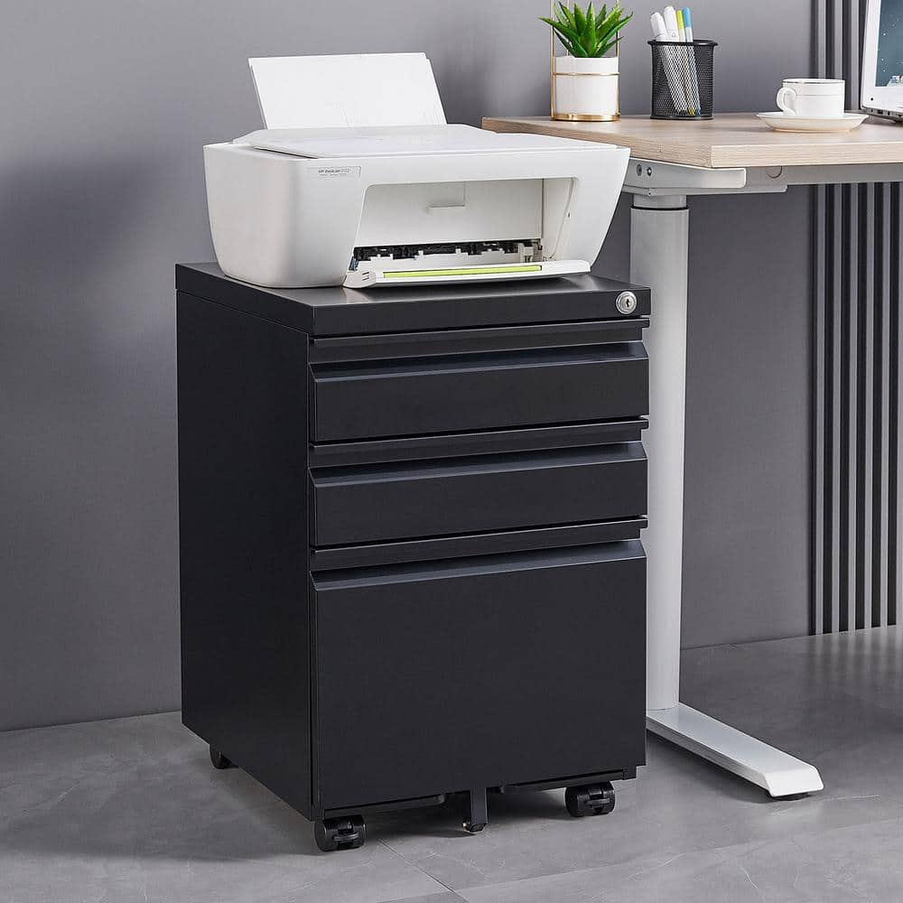 URTR Black 3-Drawer Mobile File Cabinet, Under Desk Metal Rolling Filing Cabinet with Lock for Legal/Letter/A4 File