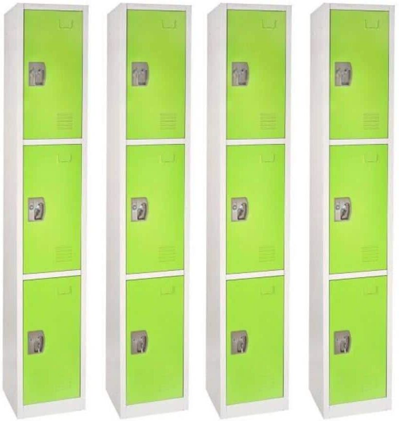 AdirOffice 629-Series 72 in. H 3-Tier Steel Key Lock Storage Locker Free Standing Cabinets for Home, School, Gym in Green (4-Pack)