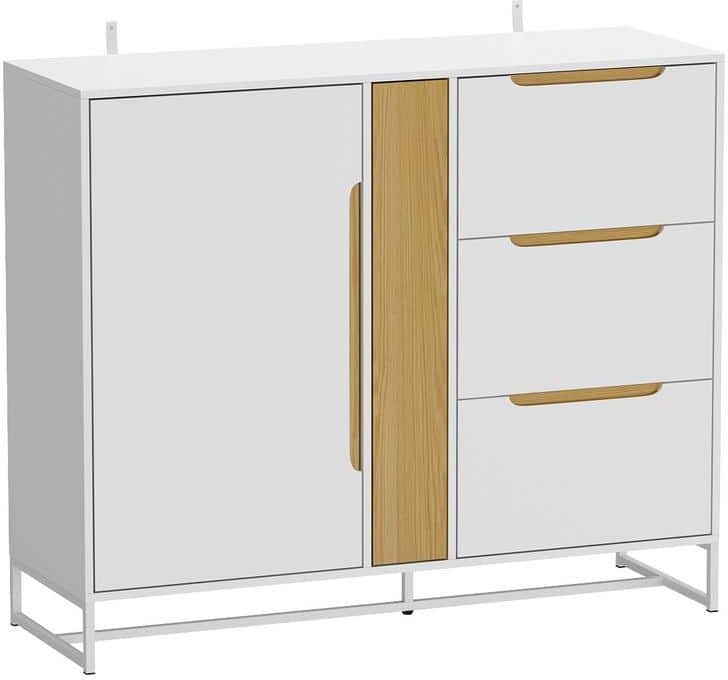 FUFU&GAGA White Wooden 47.2 in. Width Sideboard, Food Pantry, Storage Cabinet with 4-Drawers, Glass Rack and 3-Shelves