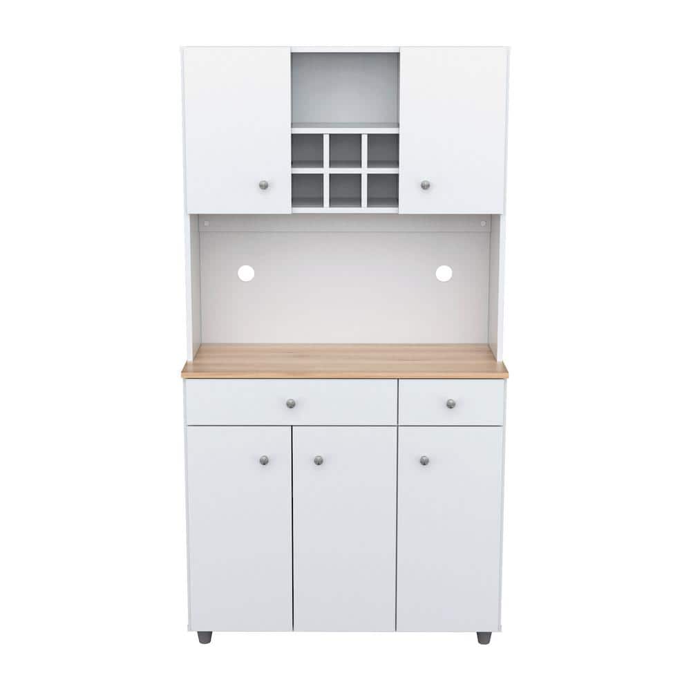 Inval 35.10 in. W x 15.50 in. D x 66.10 in. H Ready to Assemble 5 Door Microwave Storage Utility Cabinet in White and Maple