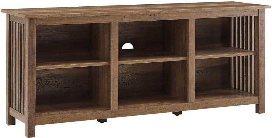 Welwick Designs 58 in. Rustic Oak Wood Mission Open Storage Media Console with Cable Management Fits TV's up to 65 in.