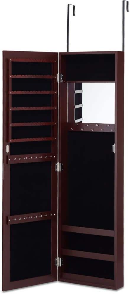 HONEY JOY 12.5 in. x 3.5 in. x 53 in. Brown Wood Wall Mounted Door Mirrored Jewelry Cabinet Standing Vanity Storage Box