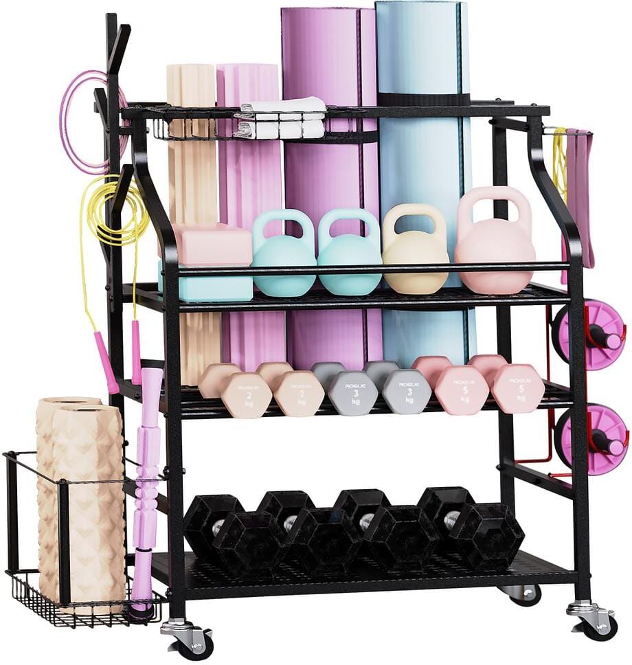 Sttoraboks 4 Layers Yoga Mat Storage Rack, Dumbbells Rack, Home Gym Holder Garage Storage Organizer with Wheels and Hooks