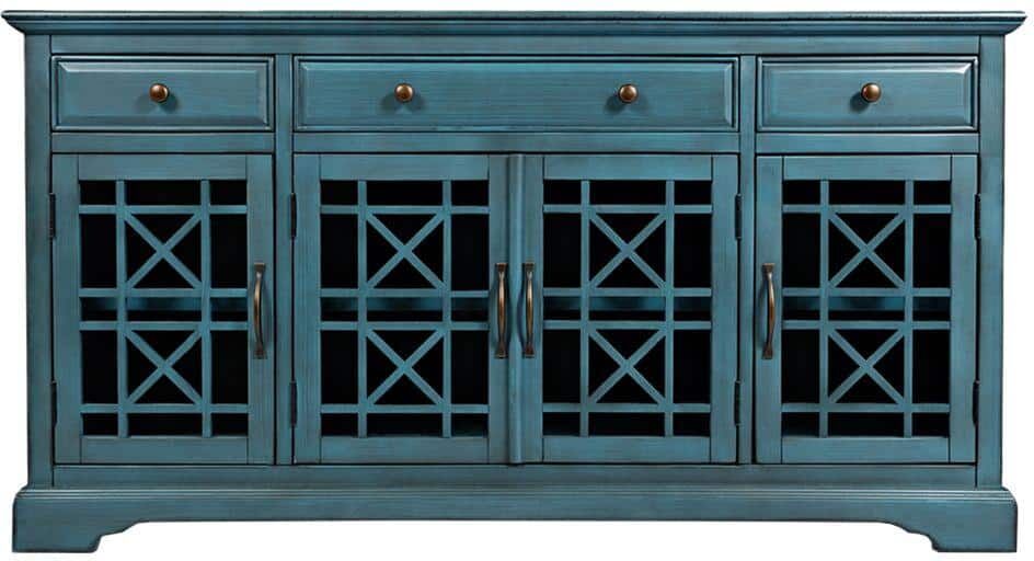 Benjara 60 in W Antique Blue Wooden Media Unit Fits 60 in. TV with 3-Drawers