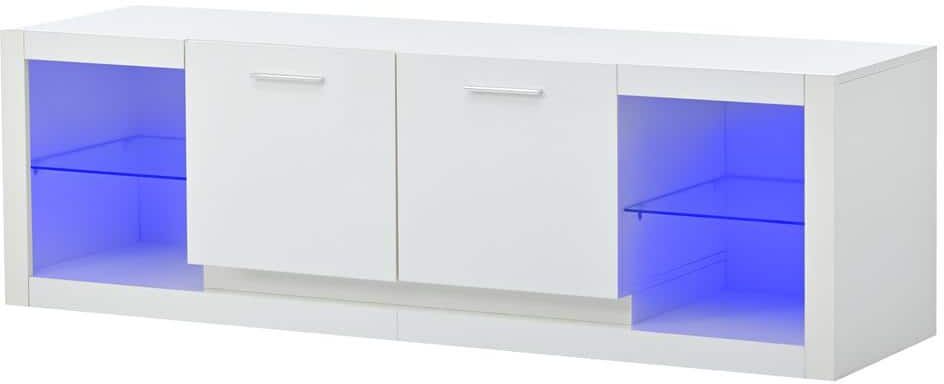 Modern White TV Stand Fits TVs up to 70 in. with LED Color Changing Lights TV Cabinet with 2-Tempered Glass Shelves