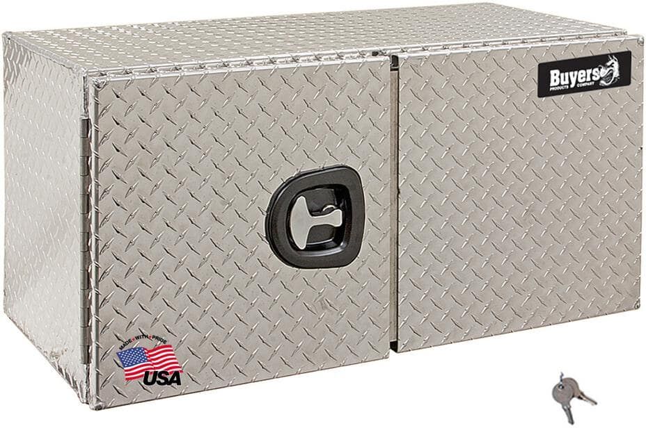 Buyers Products Company 18 in. x 18 in. x 60 in. Diamond Plate Tread Aluminum Underbody Truck Tool Box with Barn Door