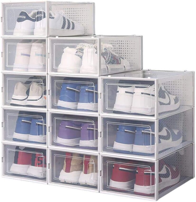 Afoxsos 12-Pair Transparent Stackable Clear Plastic Shoe Storage Box