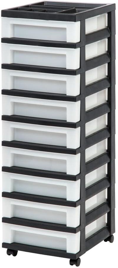 IRIS 14.25 in. L x 12.05 in. W x 37.75 in. H 9-Drawer Storage Cart with Organizer Top in Black and Pearl