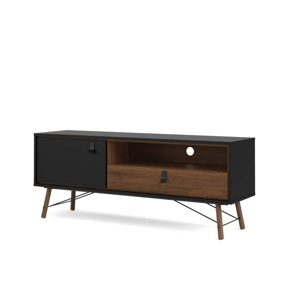 Tvilum Ry 59 in. Black Matte and Walnut Engineered Wood TV Stand Fits TVs Up to 59 in. with Storage Doors
