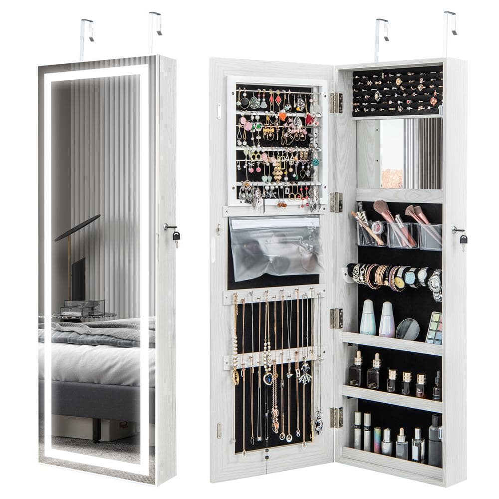 Costway Door Wall Mount Touch Screen LED Light Mirrored Jewelry Box Cabinet Storage Lockable