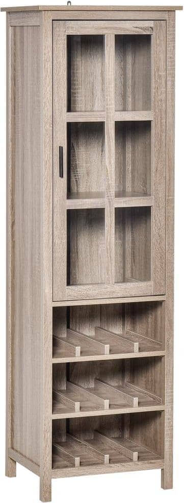 HOMCOM Grey Oak Wine Cabinet Bar Display Cupboard with Glass Door and 3-Storage Compartment for Living Dining Room Home Bar